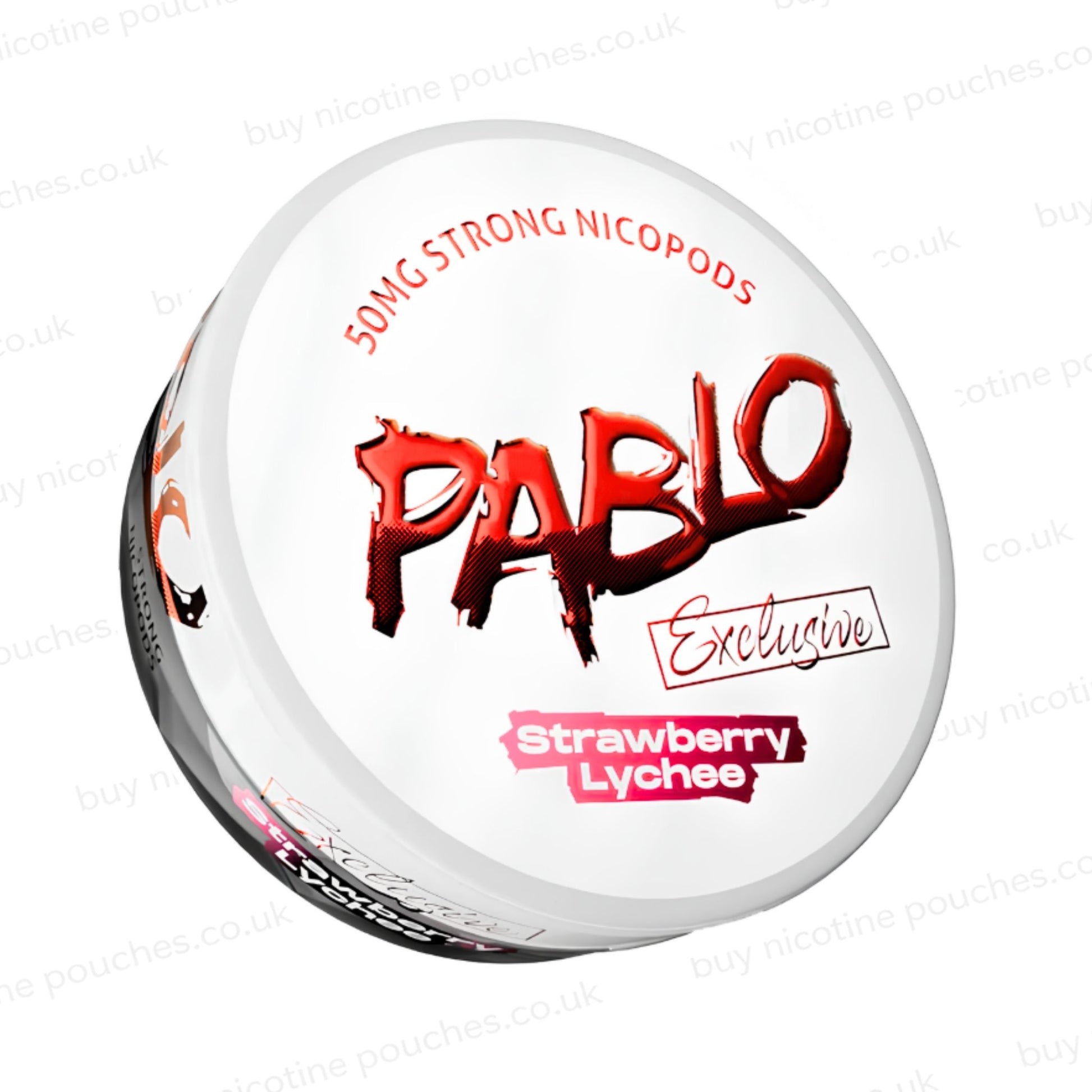 Angled shot of a nicotine pouch container with Pablo Strawberry Lychee branding on a white background.