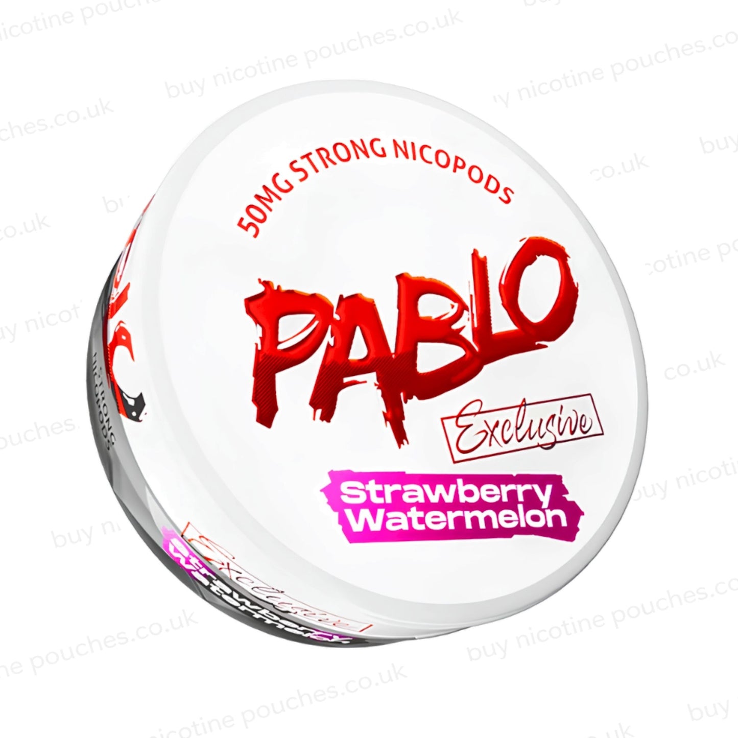 Angled shot of a nicotine pouch container with Pablo Strawberry Watermelon branding on a white background.