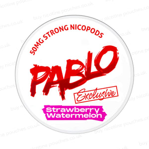 Nicotine pouch container with Pablo Strawberry Watermelon branding on a white background.