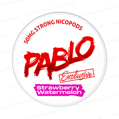 Nicotine pouch container with Pablo Strawberry Watermelon branding on a white background.