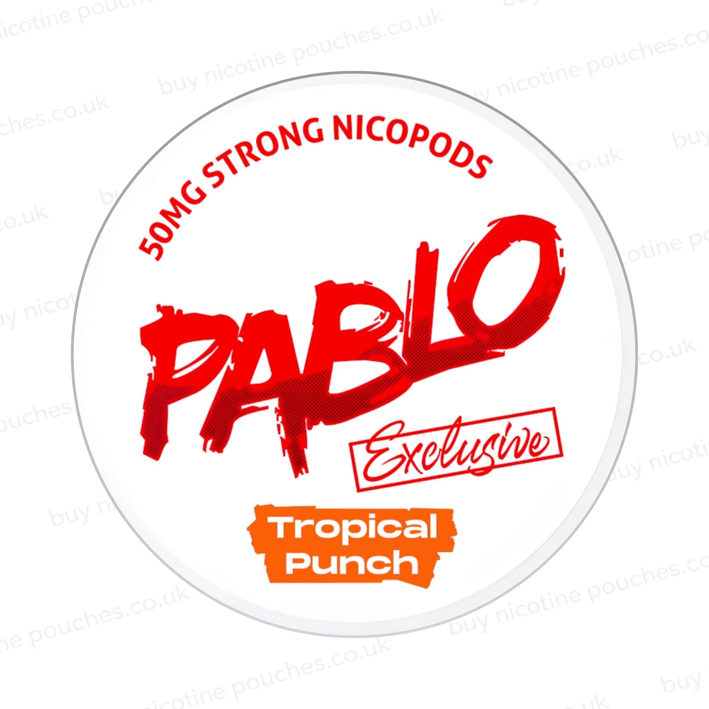 Nicotine pouch container with Pablo Tropical Punch branding on a white background.