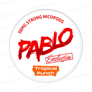 Nicotine pouch container with Pablo Tropical Punch branding on a white background.