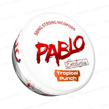 Angled shot of a nicotine pouch container with Pablo Tropical Punch branding on a white background.