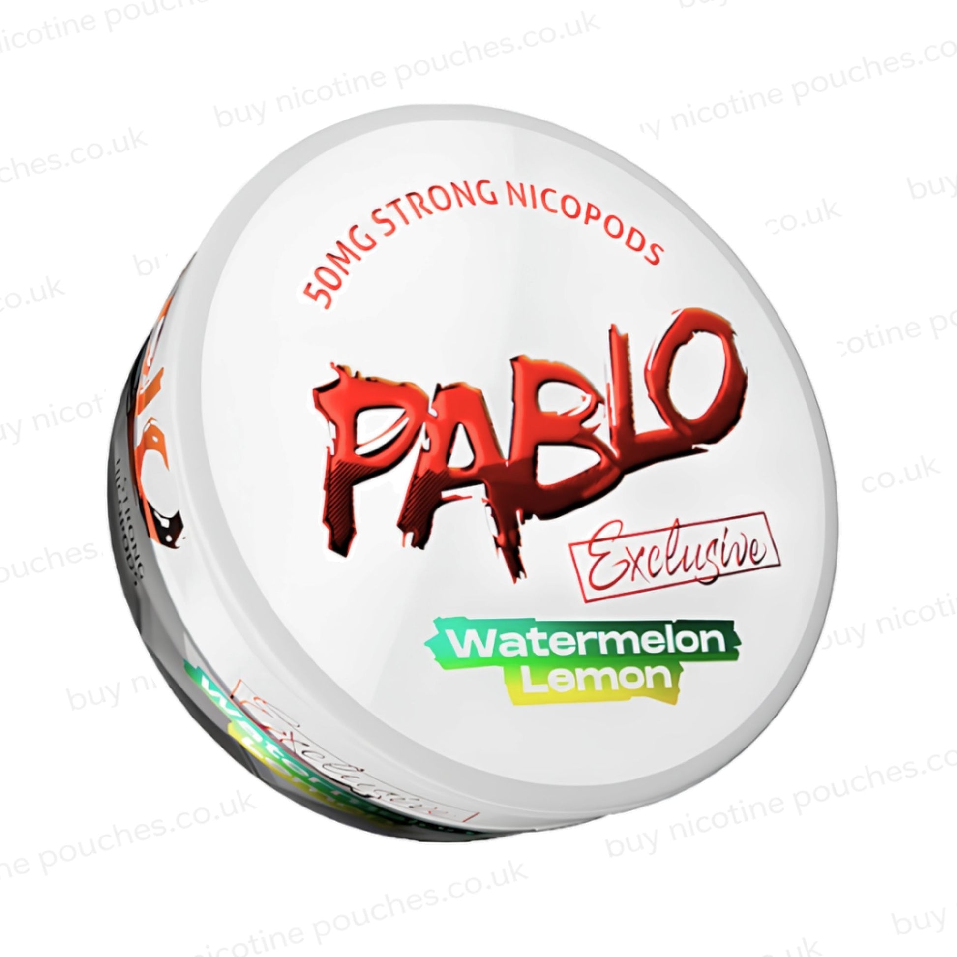 Angled shot of a nicotine pouch container with Pablo Watermelon Lemon branding on a white background.
