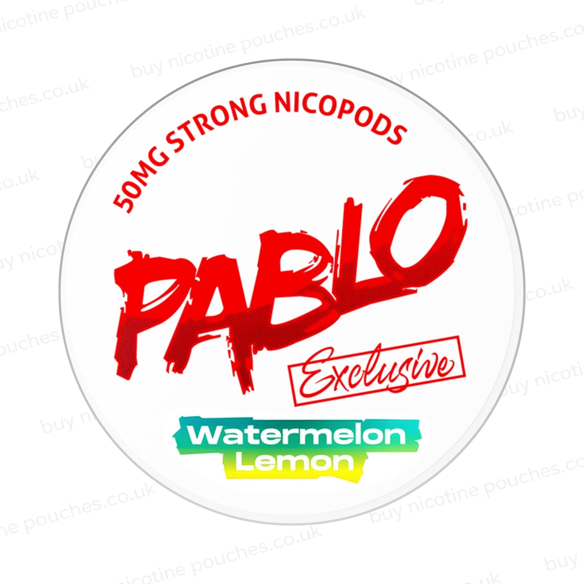Nicotine pouch container with Pablo Watermelon Lemon branding on a white background.