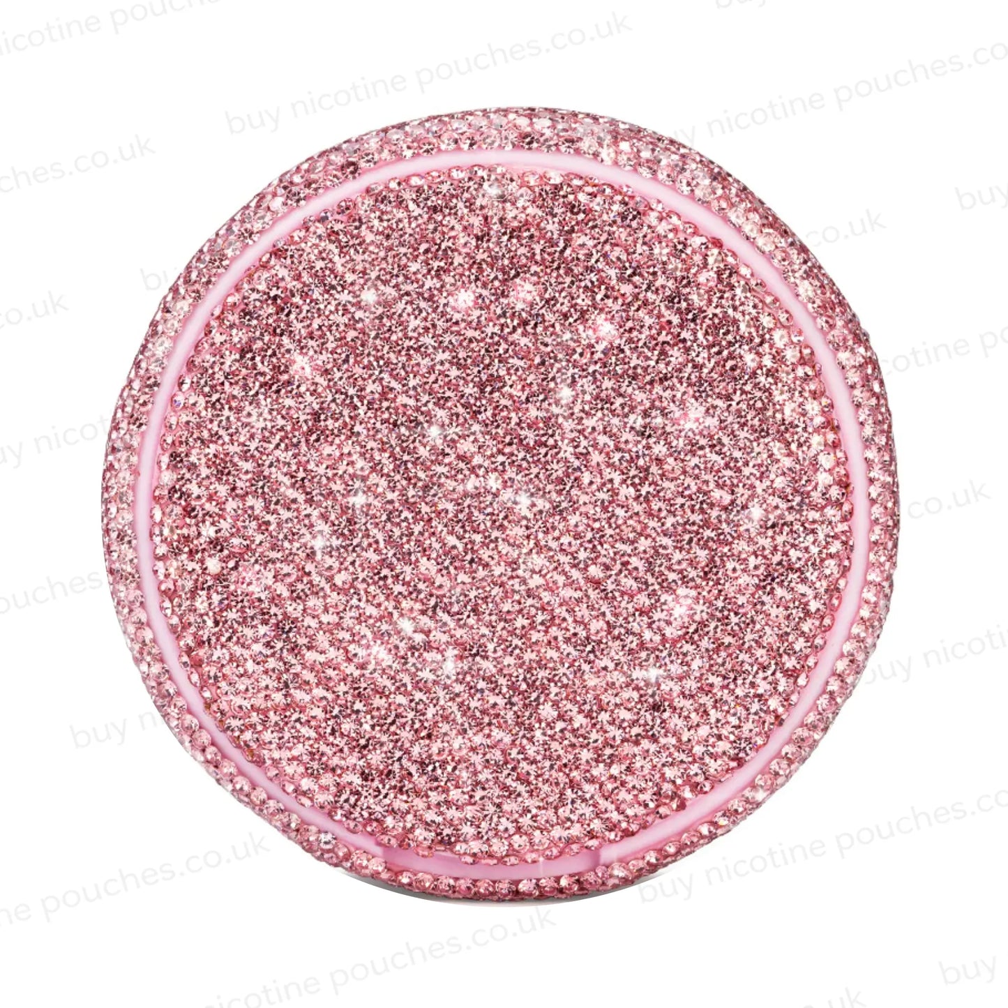 Product photo of a pink nicotine pouch tub covered in rhinestones.