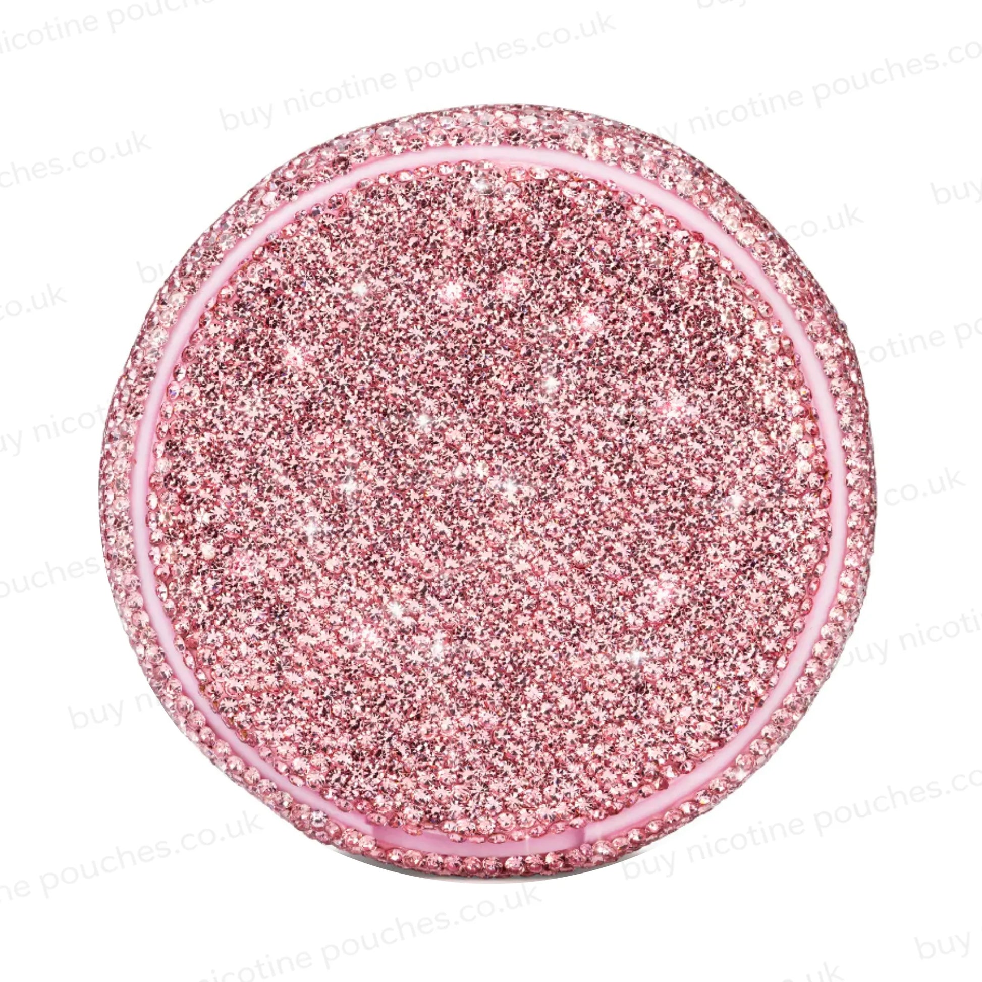 Product photo of a pink nicotine pouch tub covered in rhinestones.
