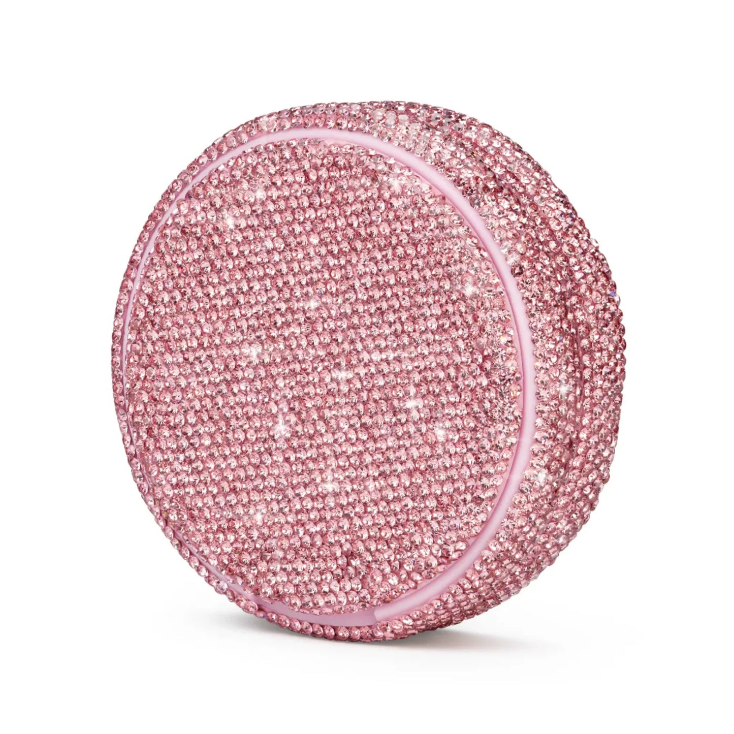 Angled product photo of a pink nicotine pouch tub covered in rhinestones.