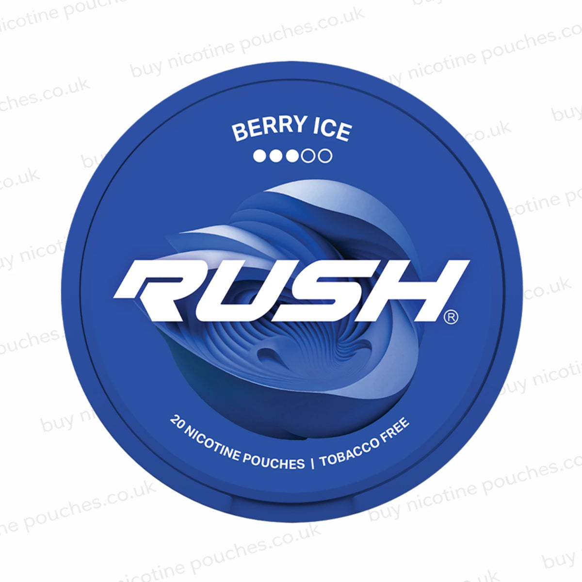 A round blue RUSH nicotine pouches container lid labeled 'BERRY ICE' with white text and a blue abstract swirl design on a white background.