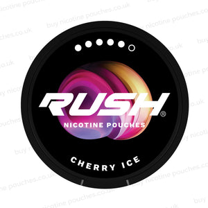 A circular black package for RUSH Nicotine Pouches Cherry Ice, featuring a colorful purple, pink, and orange gradient logo on a white background with faint store watermarks.