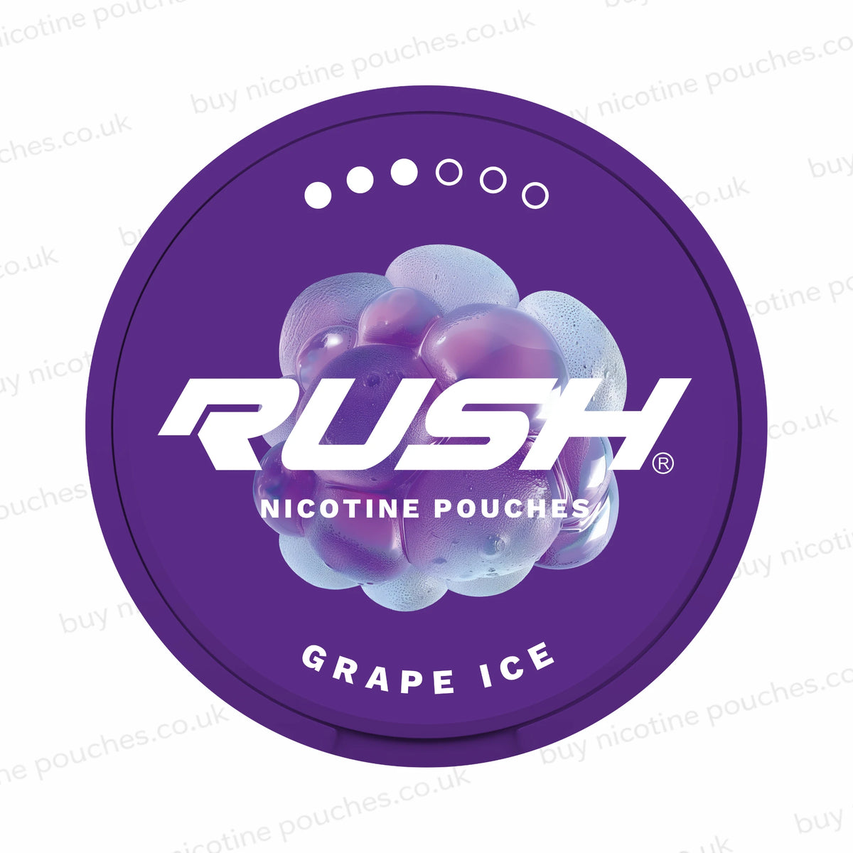 A circular purple package lid for Rush Nicotine Pouches Grape Ice, featuring a graphic of purple and blue grape bubbles with the brand name 'RUSH' in bold white letters.