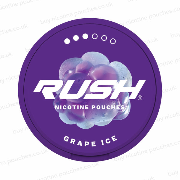 A circular purple package lid for Rush Nicotine Pouches Grape Ice, featuring a graphic of purple and blue grape bubbles with the brand name 'RUSH' in bold white letters.