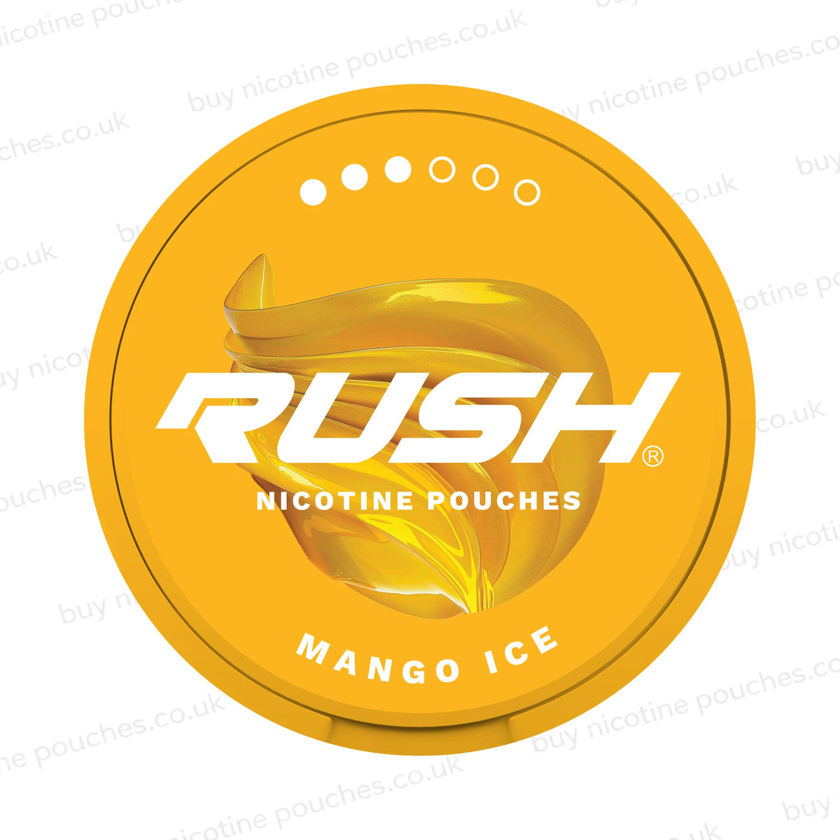 Orange nicotine pouch can with RUSH Mango Ice 3-dot branding on a white. watermarked background.