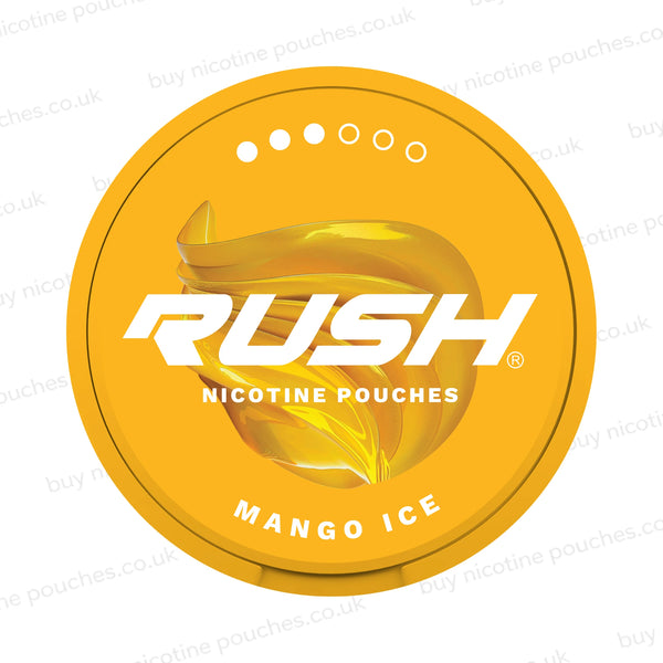 Orange nicotine pouch can with RUSH Mango Ice 3-dot branding on a white. watermarked background.