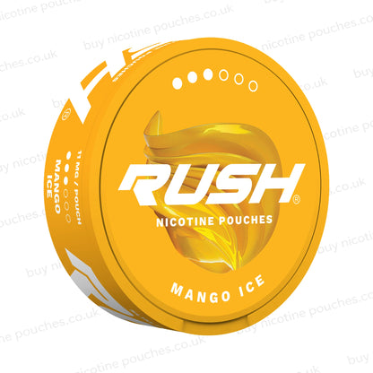 Angled shot of an orange nicotine pouch can with RUSH Mango Ice 3-dot branding on a white. watermarked background.