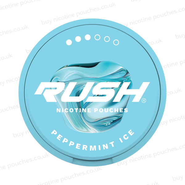 A round light blue tin of RUSH Nicotine Pouches in Peppermint Ice flavor, featuring a stylized ice cube graphic on the front against a white background with faint watermarks.