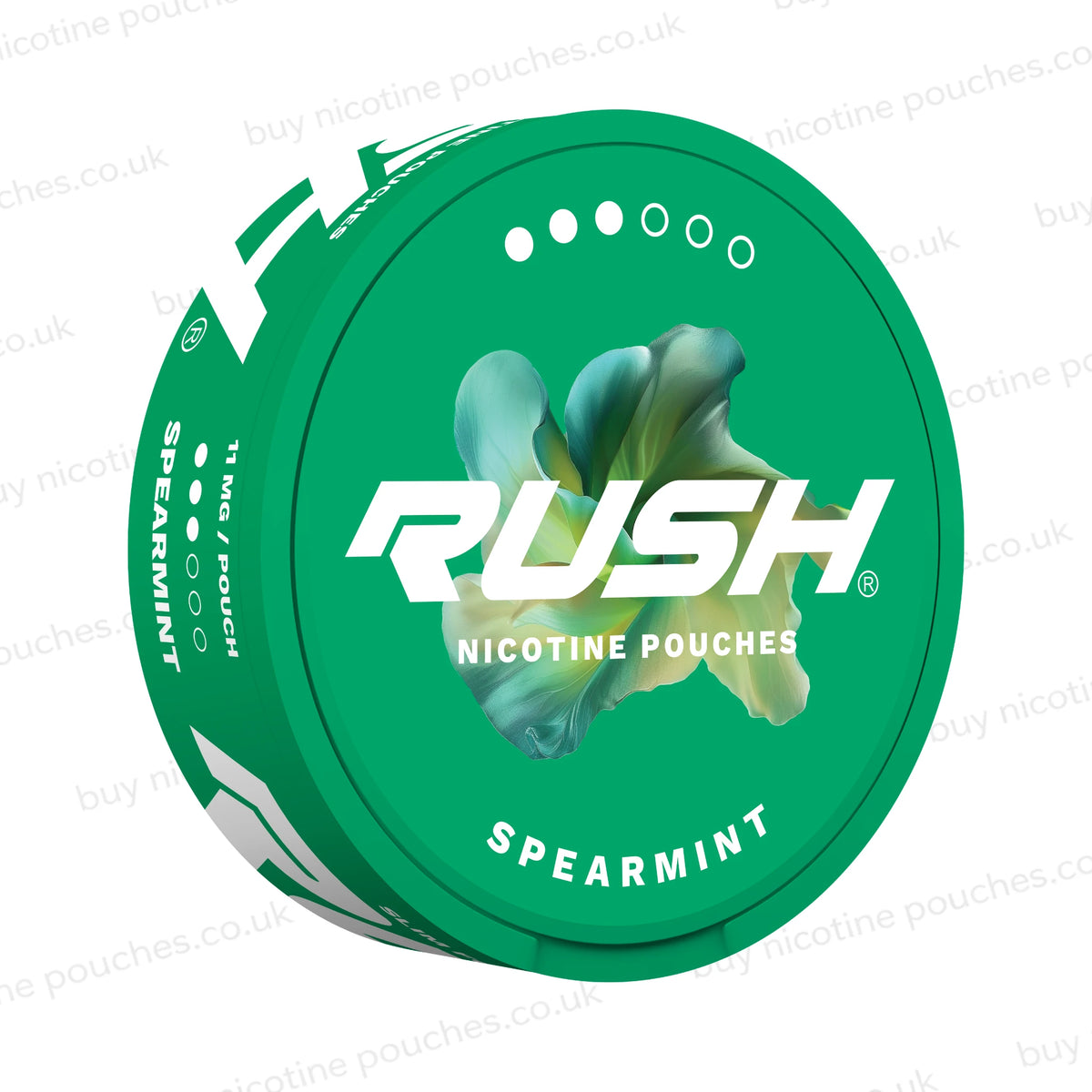 A single round can of RUSH Nicotine Pouches Spearmint, 11 mg, shown at a three-quarter angle on a white background with faint diagonal watermarks.