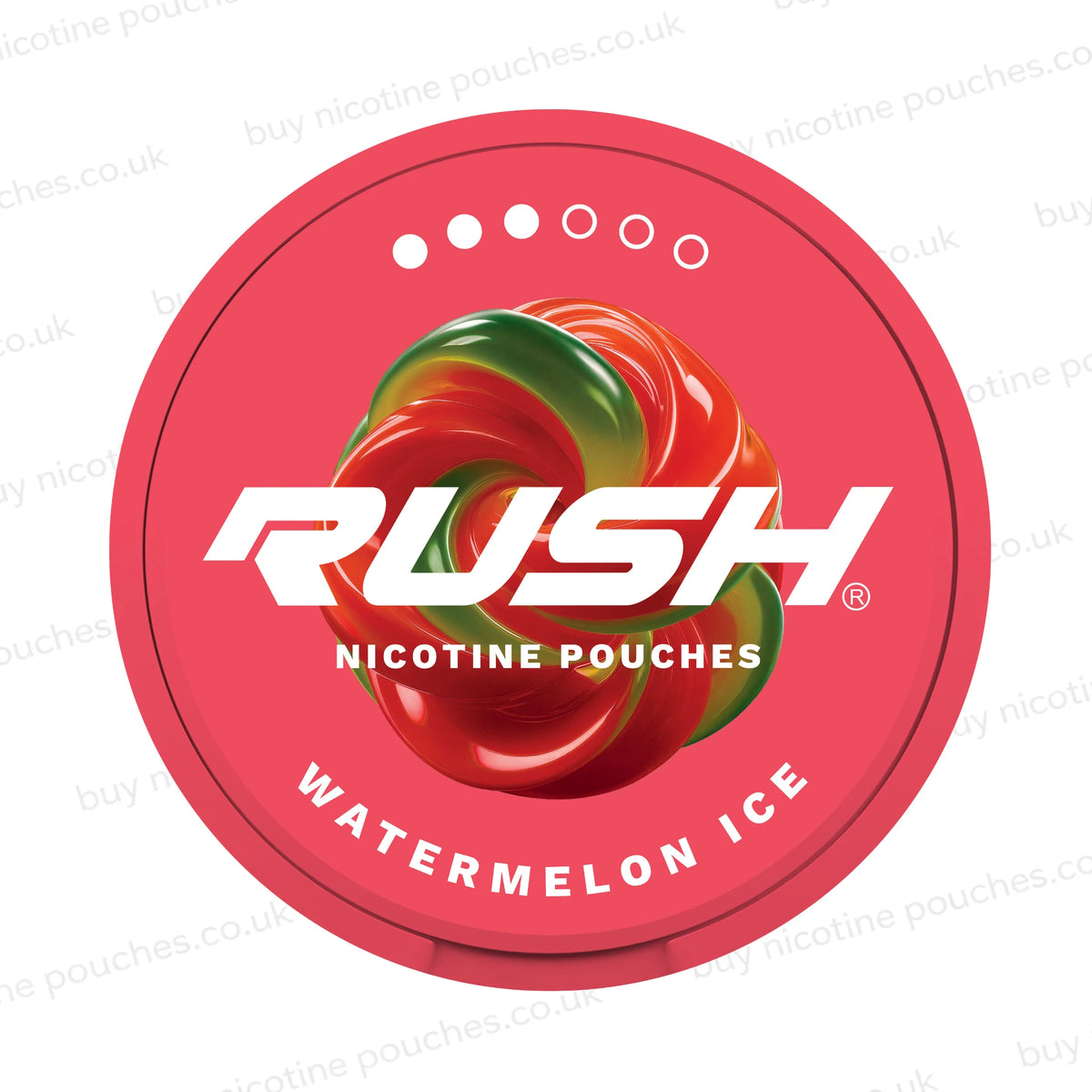 A circular red package lid for RUSH Nicotine Pouches Watermelon Ice flavor, featuring a glossy red and green watermelon swirl graphic and white branding text on a white background with faint watermark text.