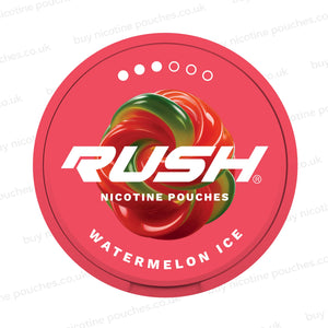 A circular red package lid for RUSH Nicotine Pouches Watermelon Ice flavor, featuring a glossy red and green watermelon swirl graphic and white branding text on a white background with faint watermark text.