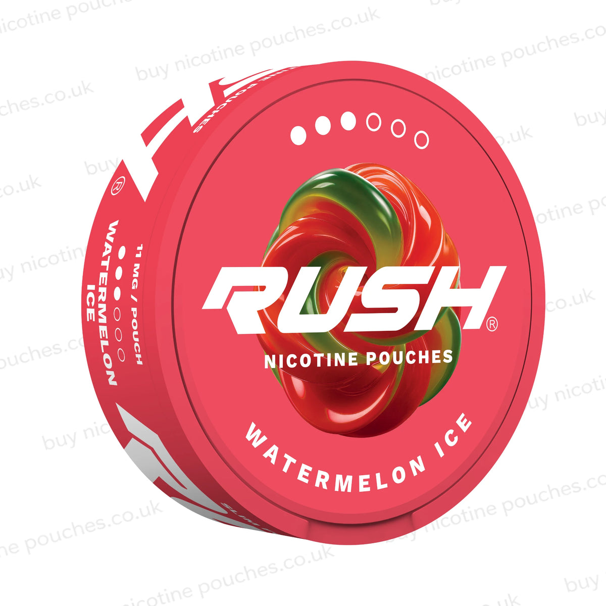 Tilted shot of a circular red package lid for RUSH Nicotine Pouches Watermelon Ice flavor, featuring a glossy red and green watermelon swirl graphic and white branding text on a white background with faint watermark text.