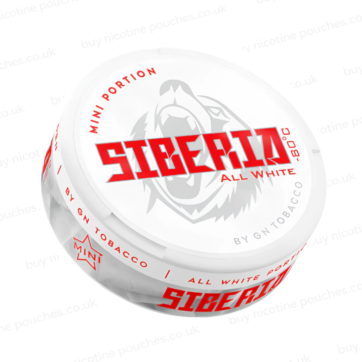 Angled shot of a nicotine pouch container with SIBERIA Mini Portion branding on a white background.
