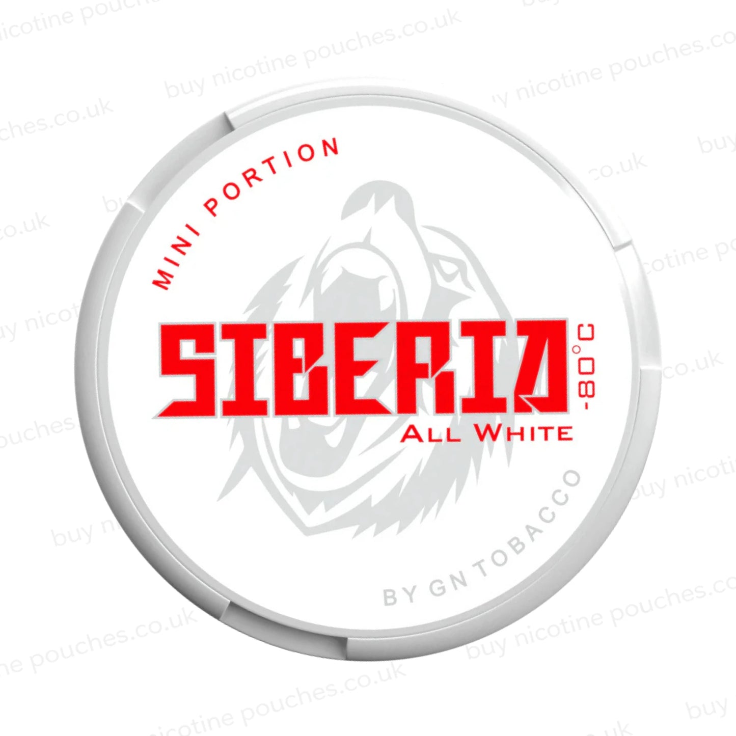 Nicotine pouch container with SIBERIA Mini Portion branding on a white background.