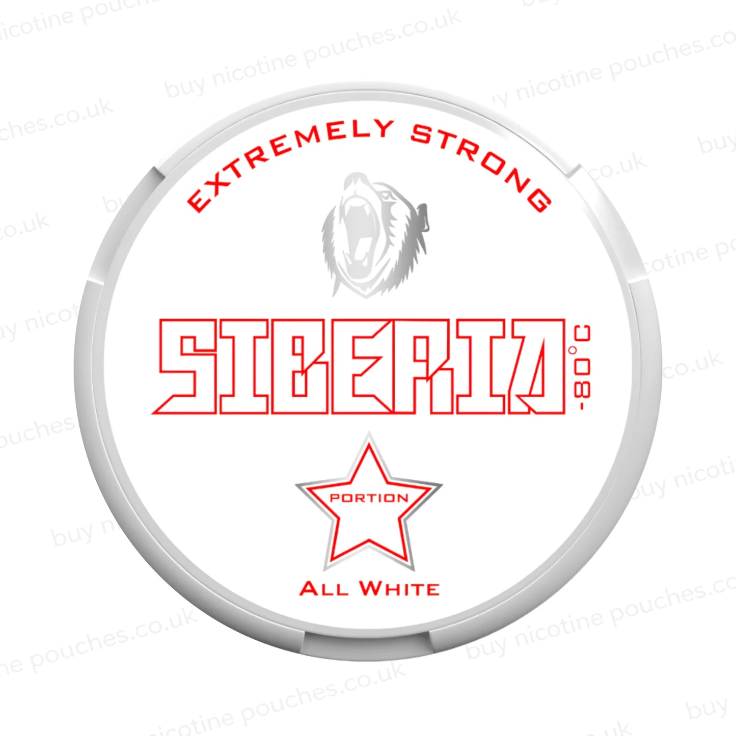 Nicotine pouch container with Siberia All White branding on a white background.