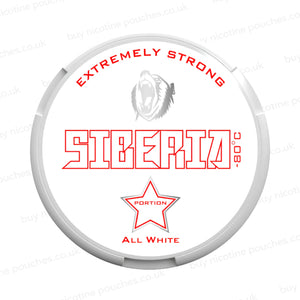 Nicotine pouch container with Siberia All White branding on a white background.