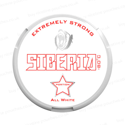 Nicotine pouch container with Siberia All White branding on a white background.