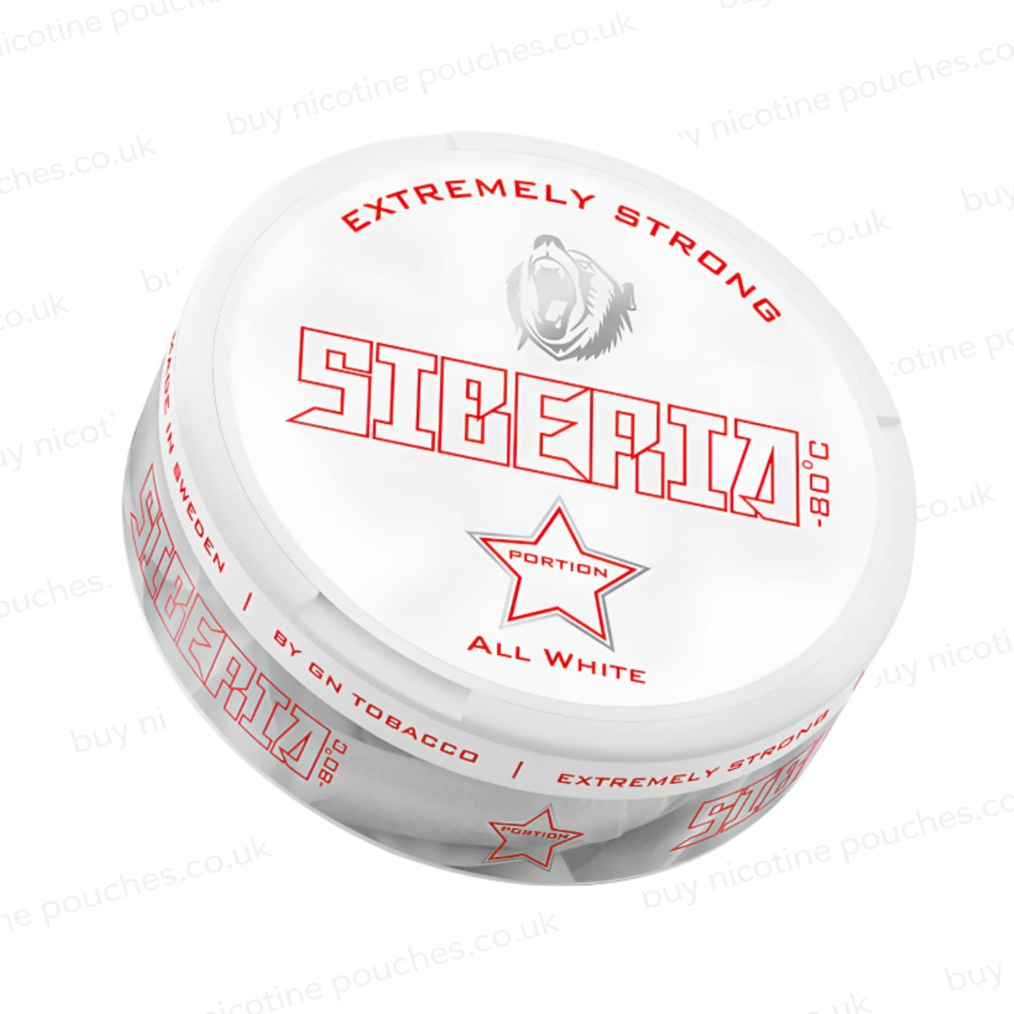 Angled shot of a nicotine pouch container with Siberia All White branding on a white background.