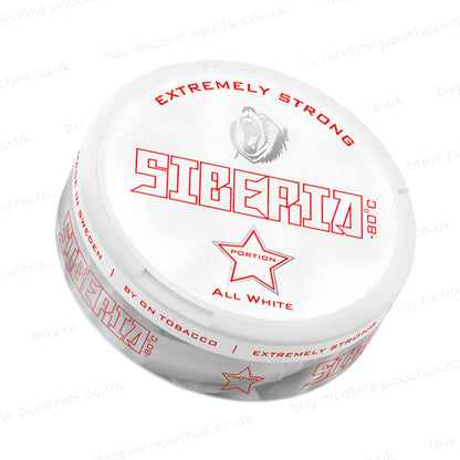 Angled shot of a nicotine pouch container with Siberia All White branding on a white background.