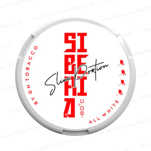 Nicotine pouch container with SIBERIA Slim Portion branding on a white background.