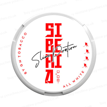Nicotine pouch container with SIBERIA Slim Portion branding on a white background.