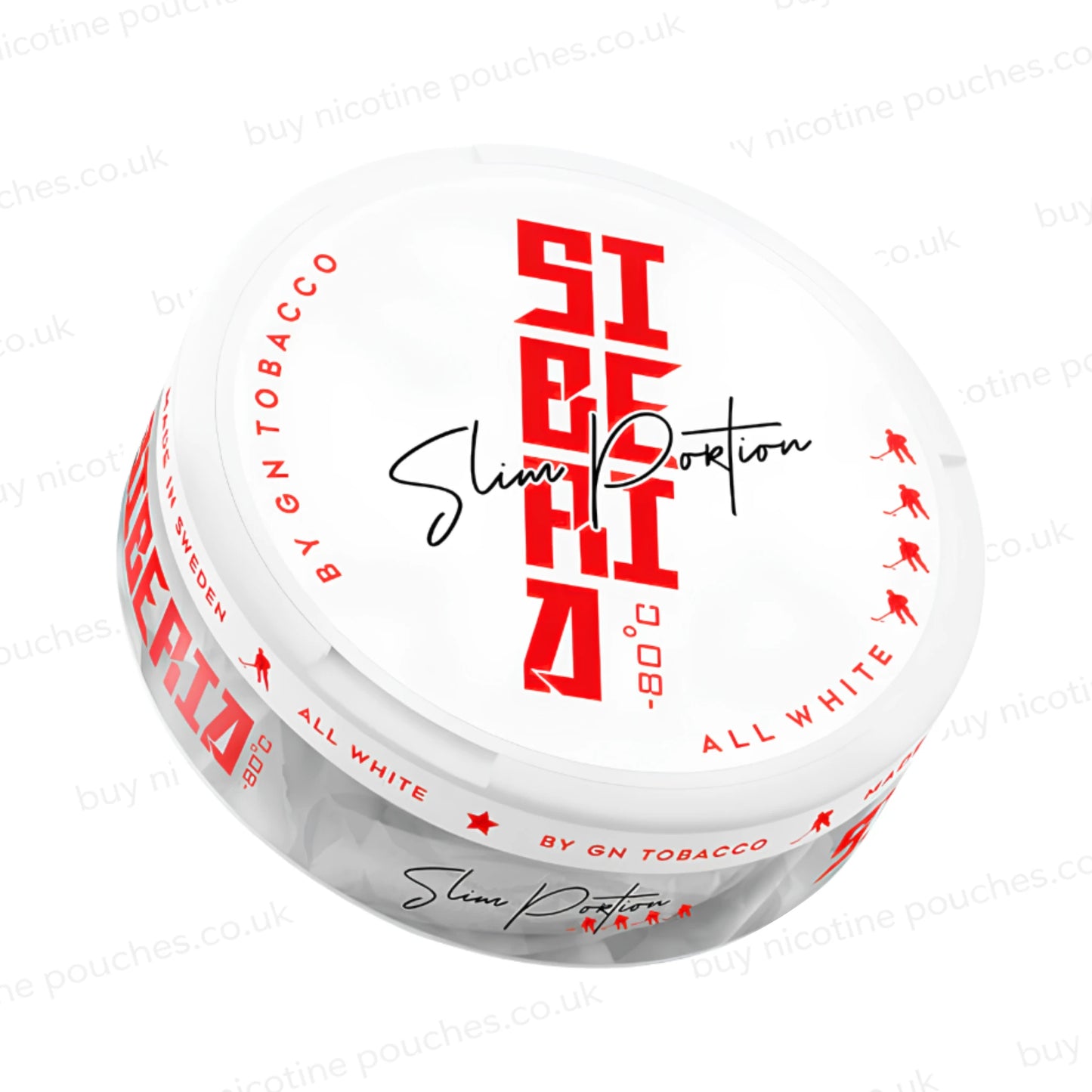 Angled shot of a nicotine pouch container with SIBERIA Slim Portion branding on a white background.