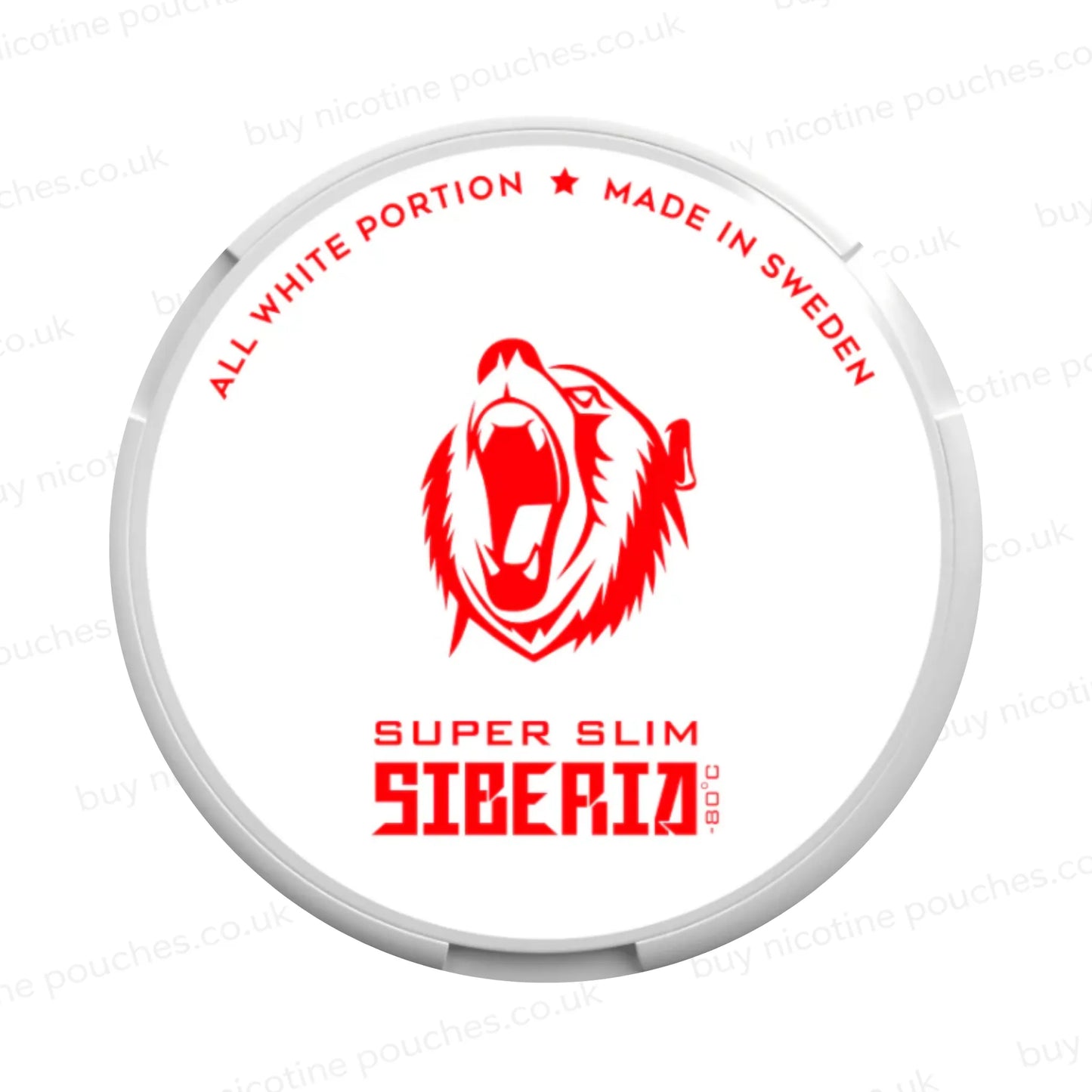 Nicotine pouch container with Siberia Super Slim branding on a white background.