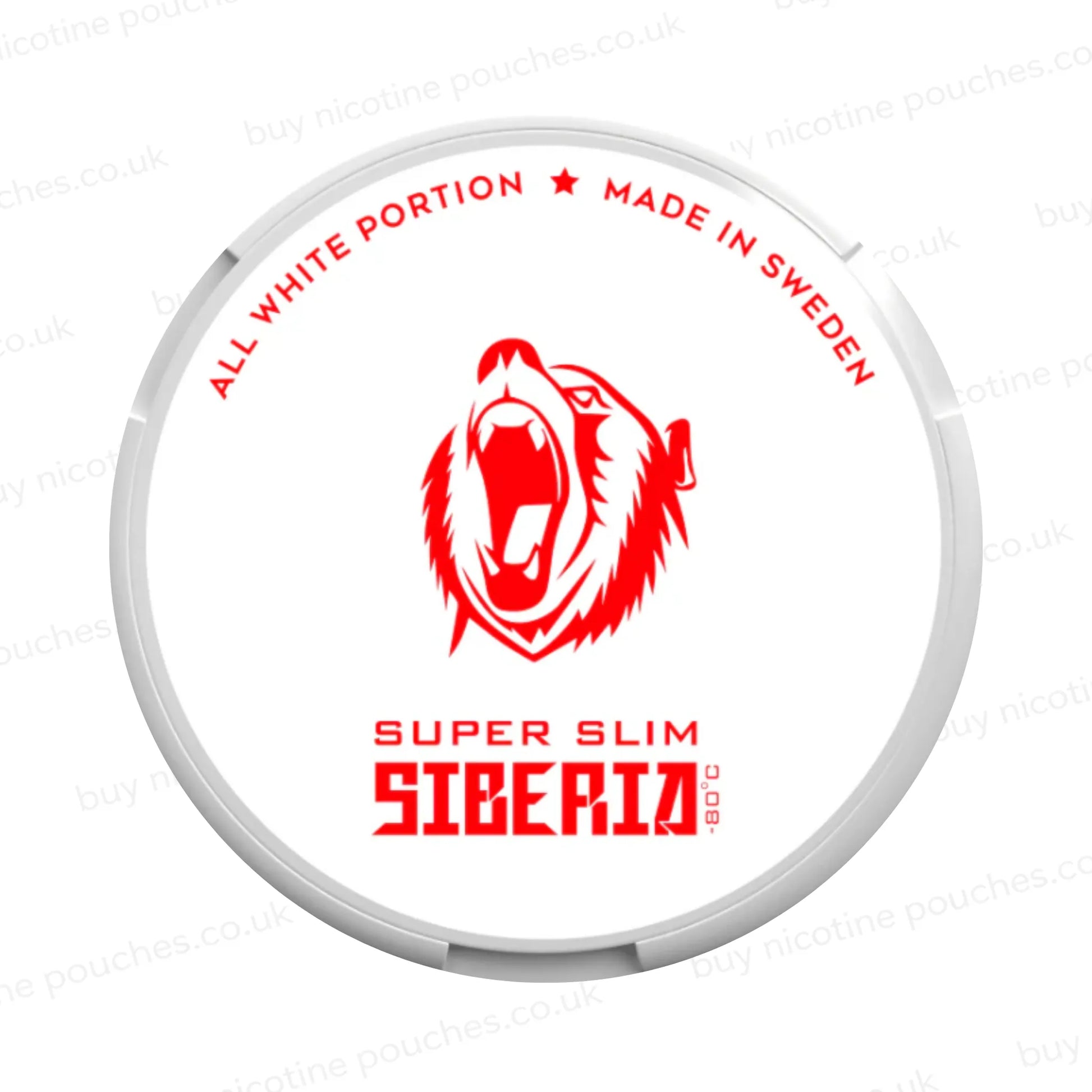 Nicotine pouch container with Siberia Super Slim branding on a white background.