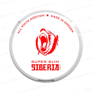 Nicotine pouch container with Siberia Super Slim branding on a white background.