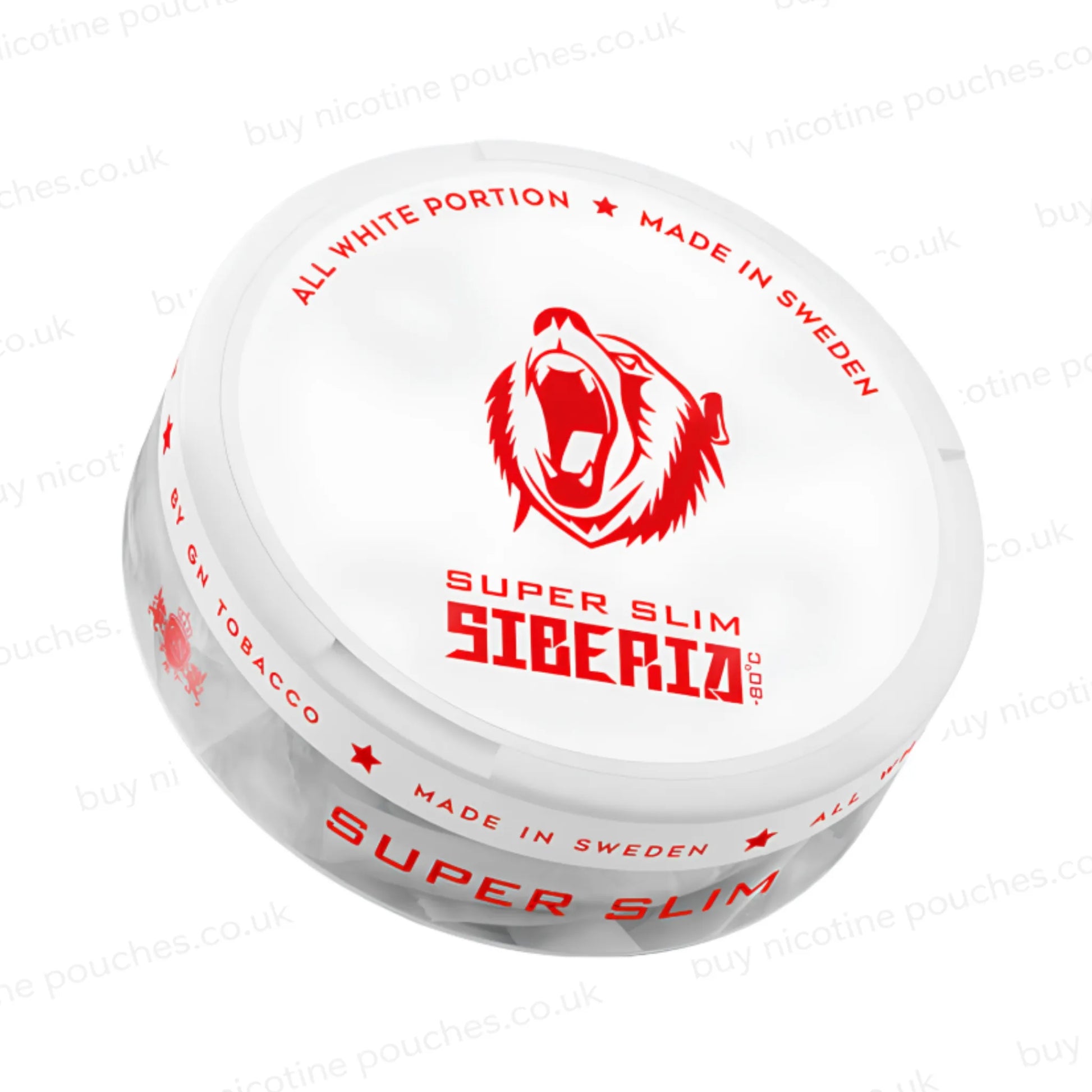 Angled shot of a nicotine pouch container with Siberia Super Slim branding on a white background.