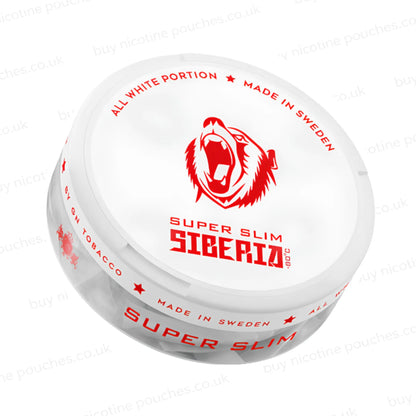 Angled shot of a nicotine pouch container with Siberia Super Slim branding on a white background.