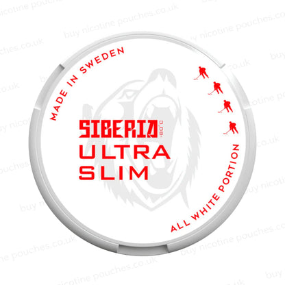 Nicotine pouch container with Siberia Ultra Slim branding on a white background.