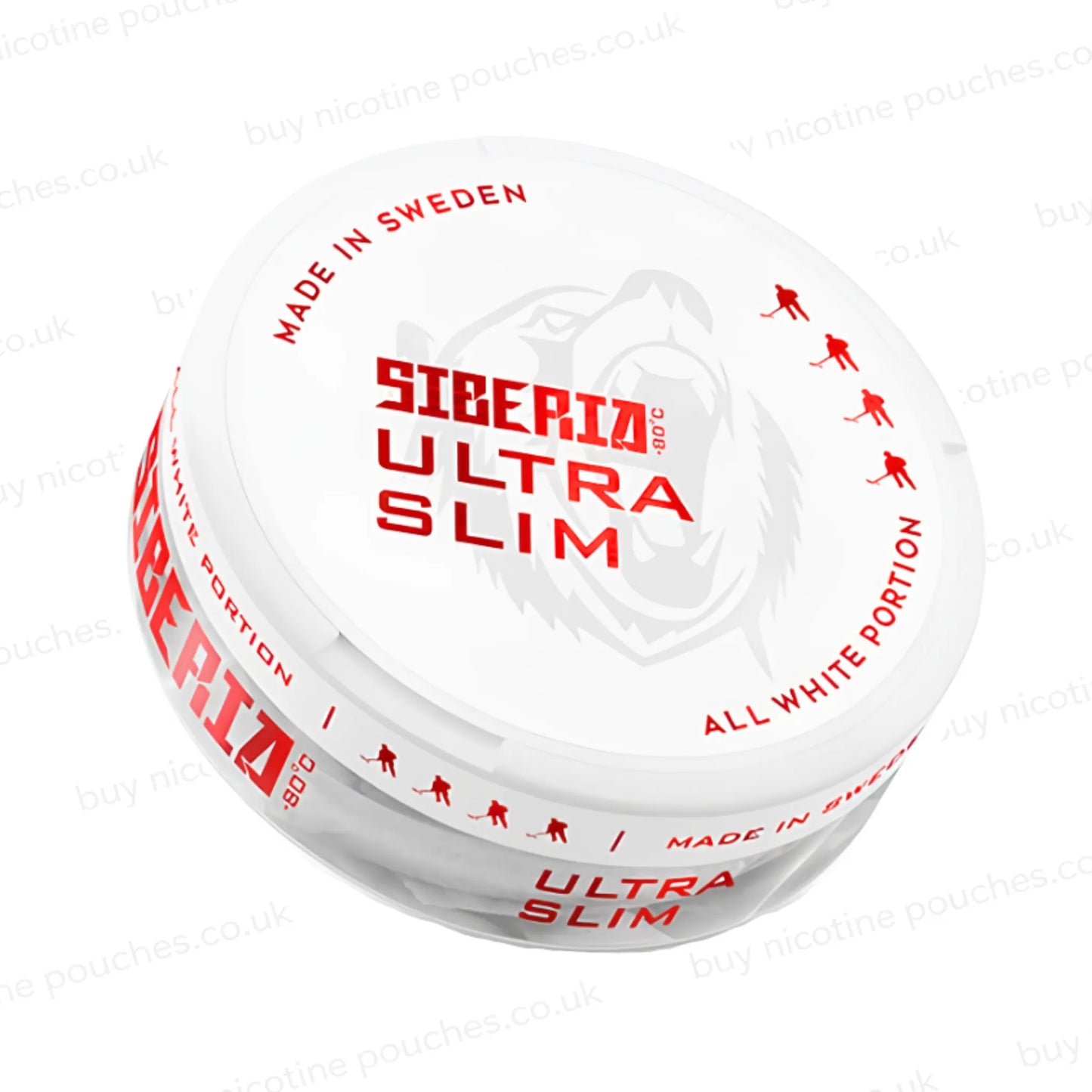 Angled shot of a nicotine pouch container with Siberia Ultra Slim branding on a white background.
