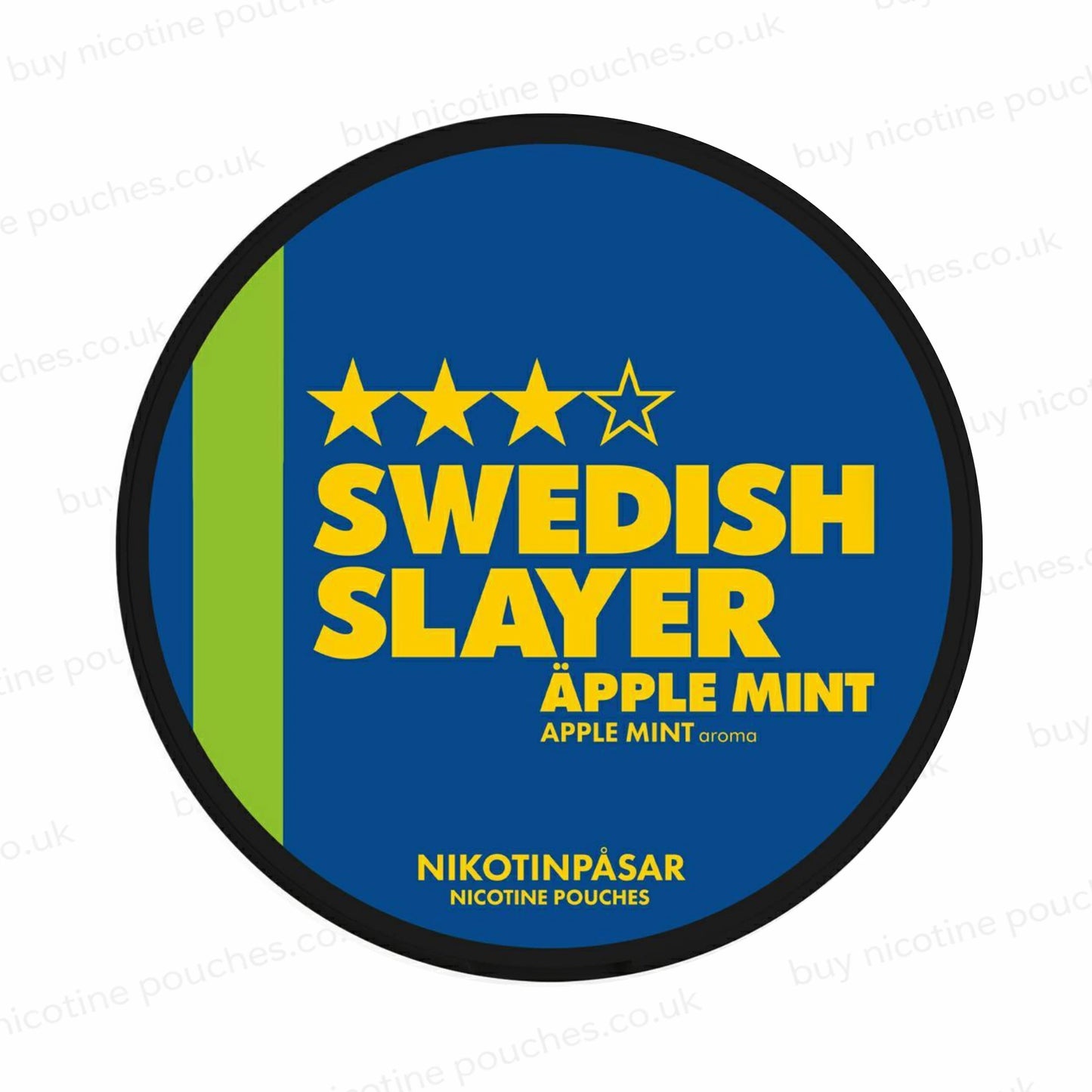 'Swedish Slayer Apple Mint' branded nicotine pouch tub on a white background.
