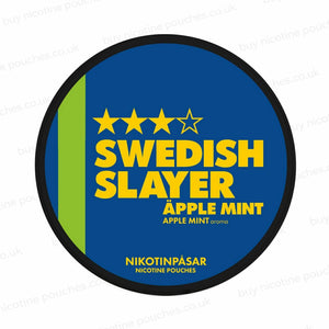 'Swedish Slayer Apple Mint' branded nicotine pouch tub on a white background.