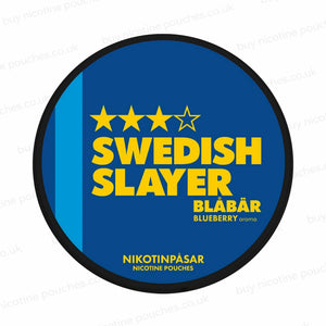 Nicotine pouch tub with 'Swedish Slayer Blåbär' branding on a white background.