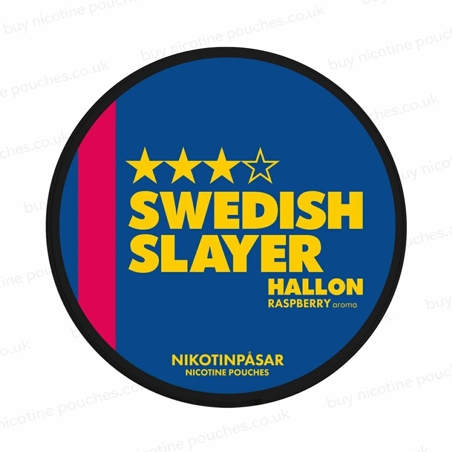 Nicotine pouch tub with 'Swedish Slayer Hallon' branding on a white background.