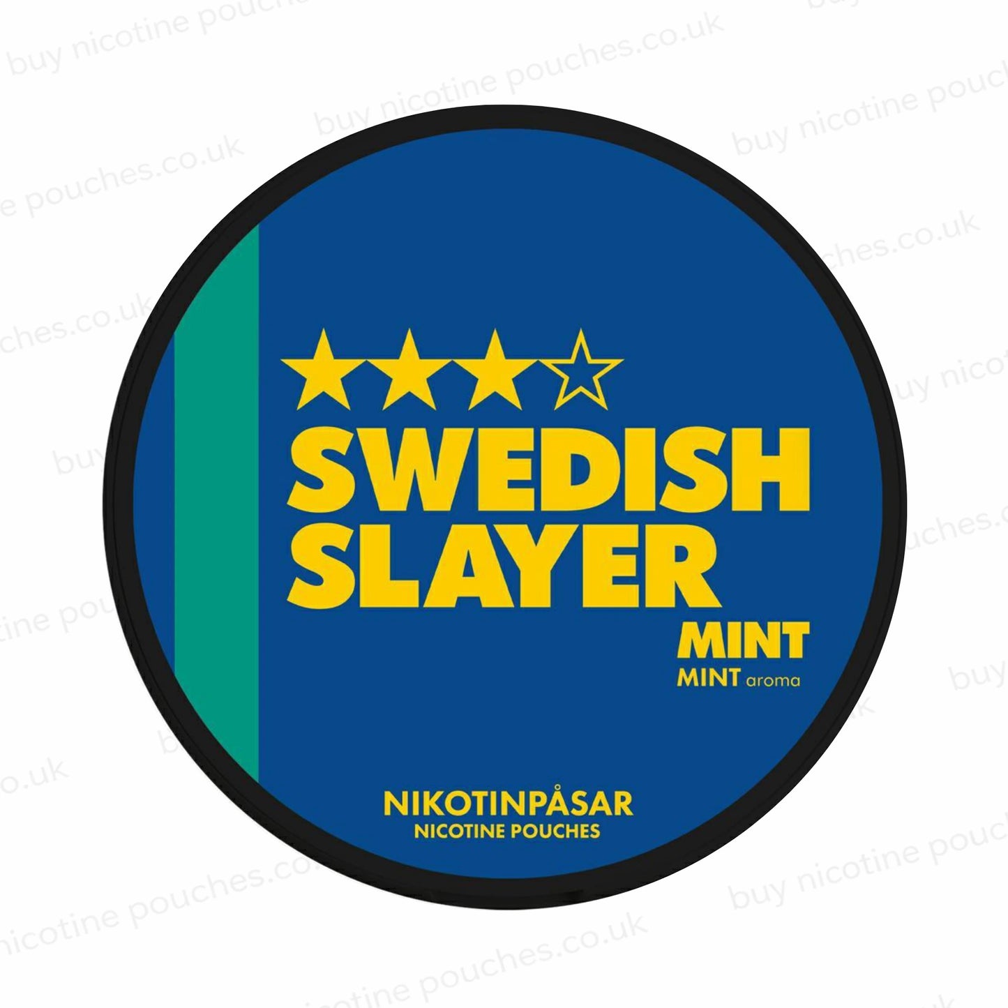 Nicotine pouch tub with 'Swedish Slayer Mint' branding on a white background.