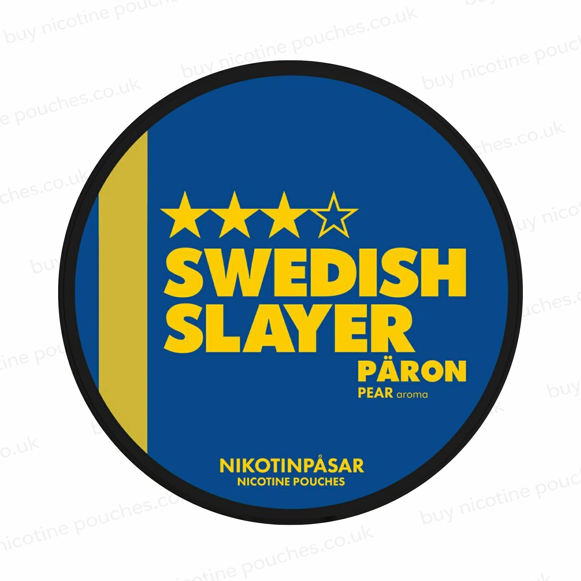 Nicotine pouch tub with 'Swedish Slayer Paron' branding on a white background.