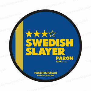 Nicotine pouch tub with 'Swedish Slayer Paron' branding on a white background.