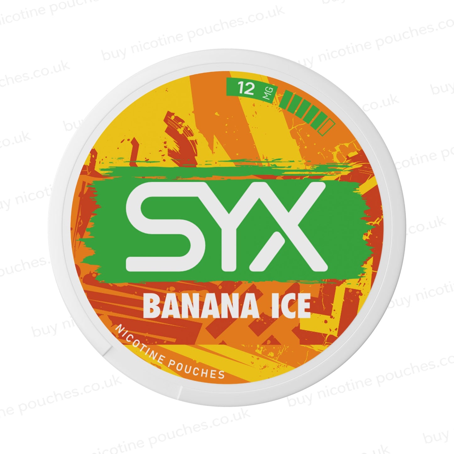 Nicotine pouch container with yellow and green SYX Banana Ice branding on a white background.