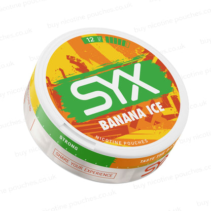 Angled shot of a nicotine pouch container with yellow and green SYX Banana Ice branding on a white background.
